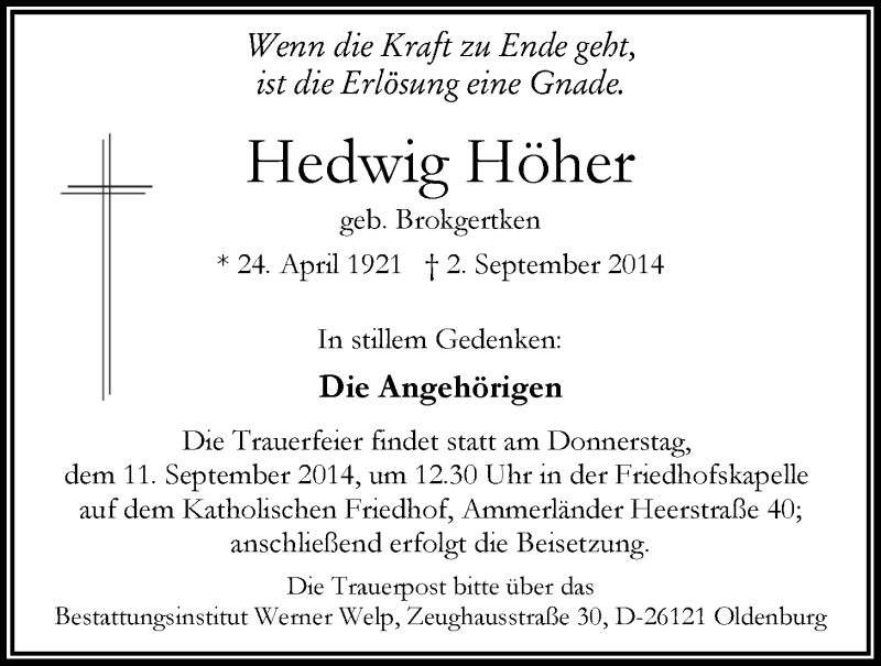 Traueranzeige für Hedwig Hoher vom 08.09.2014 aus Nordwest-Zeitung