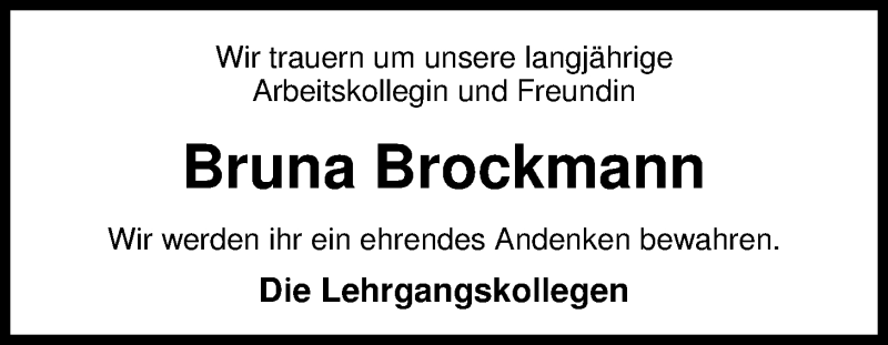 Traueranzeige für Bruna Brockmann vom 06.09.2014 aus Nordwest-Zeitung