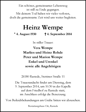 Traueranzeige von Heinz Wempe von Nordwest-Zeitung