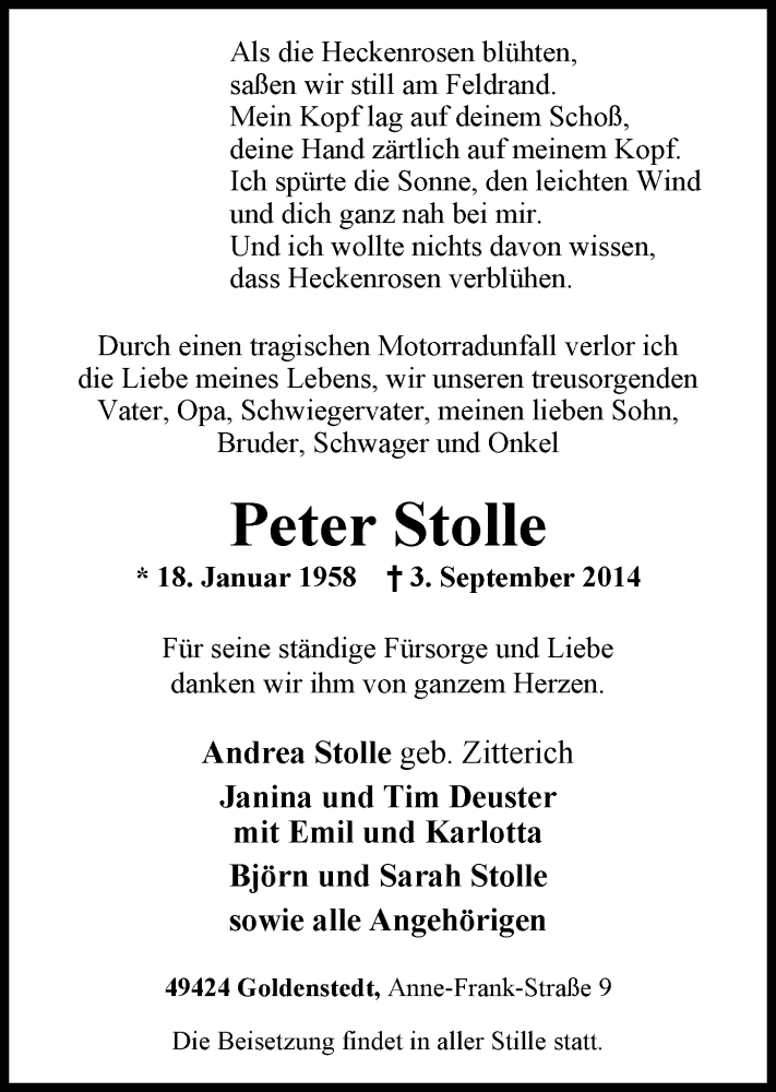  Traueranzeige für Peter Stolle vom 06.09.2014 aus Nordwest-Zeitung