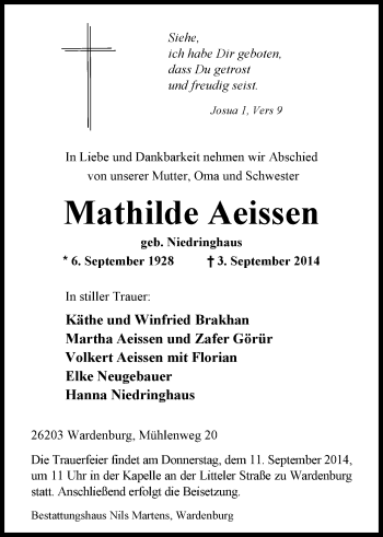 Traueranzeige von Mathilde Aeissen von Nordwest-Zeitung