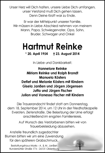 Traueranzeige von Hartmut Reinke von Nordwest-Zeitung