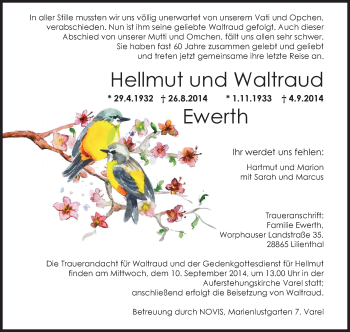 Traueranzeige von Hellmut und Waltraud Ewerth von Nordwest-Zeitung