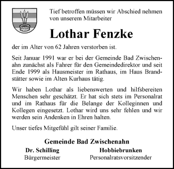 Traueranzeige von Lothar Fenzke von Nordwest-Zeitung
