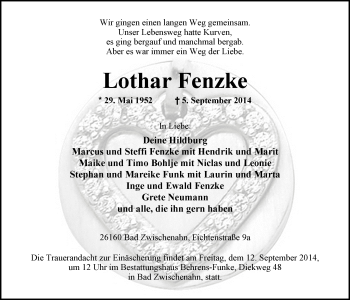 Traueranzeige von Lothar Fenzke von Nordwest-Zeitung