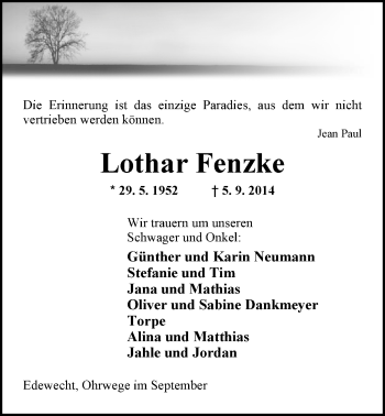Traueranzeige von Lothar Fenzke von Nordwest-Zeitung