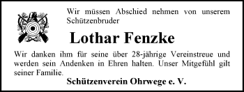 Traueranzeige von Lothar Fenzke von Nordwest-Zeitung