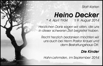 Traueranzeige von Heino Decker von Nordwest-Zeitung