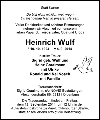 Traueranzeige von Heinrich Wulf von Nordwest-Zeitung