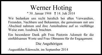 Traueranzeige von Werner Hoting von Nordwest-Zeitung
