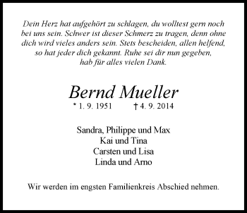Traueranzeige von Bernd Mueller von Nordwest-Zeitung
