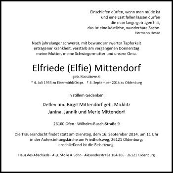 Traueranzeige von Elfriede Mittendorf von Nordwest-Zeitung