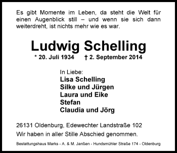 Traueranzeige von Ludwig Schelling von Nordwest-Zeitung