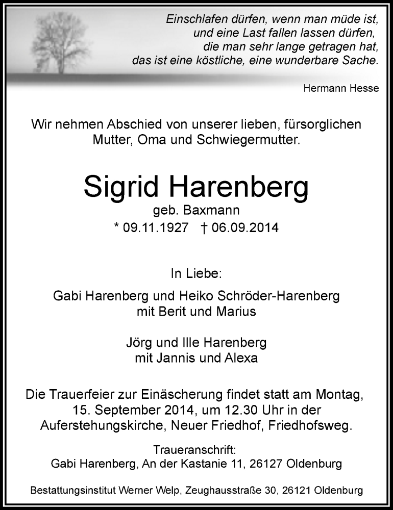  Traueranzeige für Sigrid Harenberg vom 10.09.2014 aus Nordwest-Zeitung