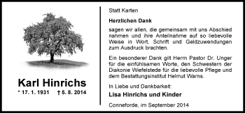 Traueranzeige von Karl Hinrichs von Nordwest-Zeitung