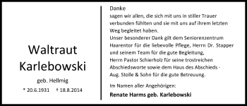 Traueranzeige von Waltraut Karlebowski von Nordwest-Zeitung