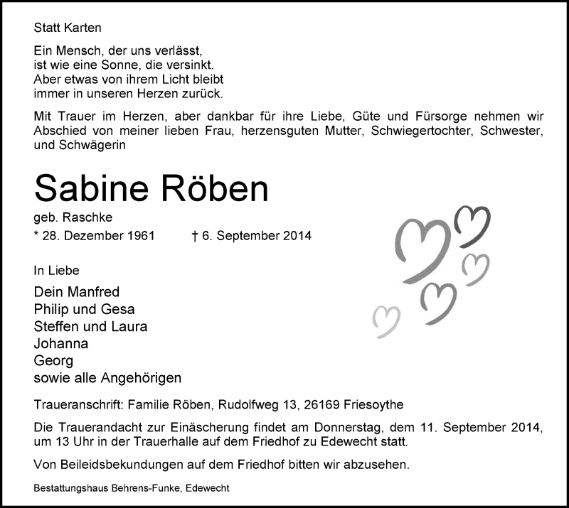  Traueranzeige für Sabine Röben vom 10.09.2014 aus Nordwest-Zeitung