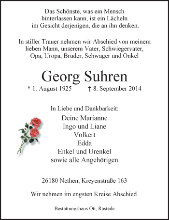 Traueranzeige von Georg Suhren von Nordwest-Zeitung