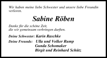Traueranzeige von Sabine Röben von Nordwest-Zeitung