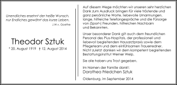 Traueranzeige von Theodor Sztuk von Nordwest-Zeitung