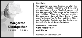 Traueranzeige von Margarete Klockgether von Nordwest-Zeitung