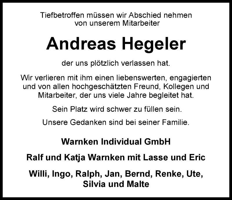  Traueranzeige für Andreas Hegeler vom 17.09.2014 aus Nordwest-Zeitung