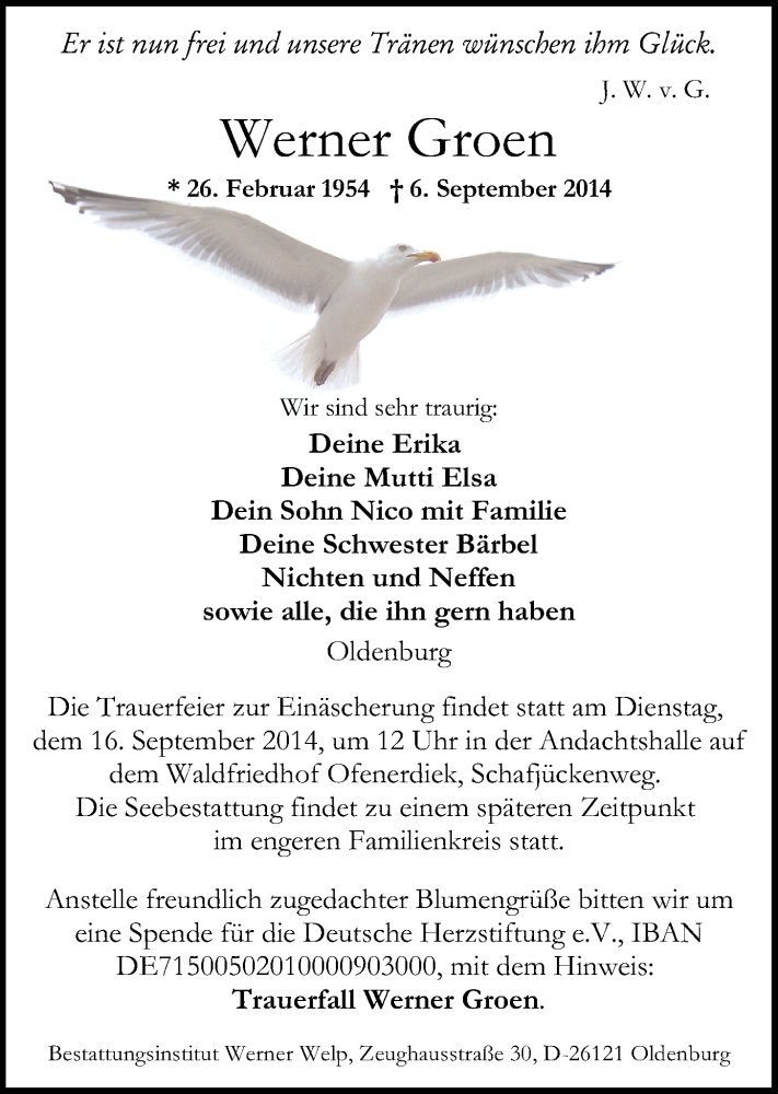  Traueranzeige für Werner Groen vom 11.09.2014 aus Nordwest-Zeitung