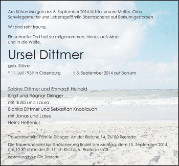 Traueranzeige von Ursel Dittmer von Nordwest-Zeitung