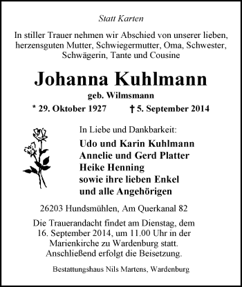 Traueranzeige von Johanna Kuhlmann von Nordwest-Zeitung