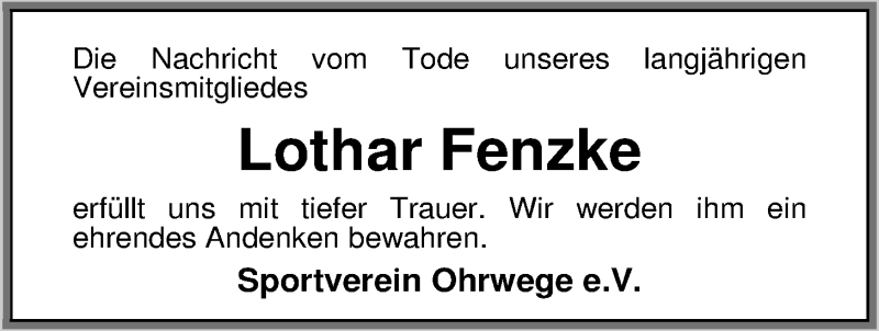  Traueranzeige für Lothar Fenzke vom 11.09.2014 aus Nordwest-Zeitung