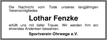Traueranzeige von Lothar Fenzke von Nordwest-Zeitung