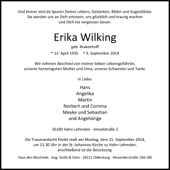 Traueranzeige von Erika Wilking von Nordwest-Zeitung