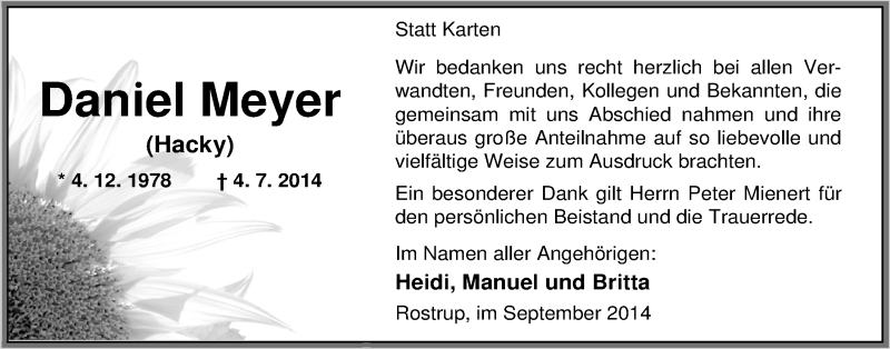 Traueranzeige für Daniel Meyer vom 13.09.2014 aus Nordwest-Zeitung