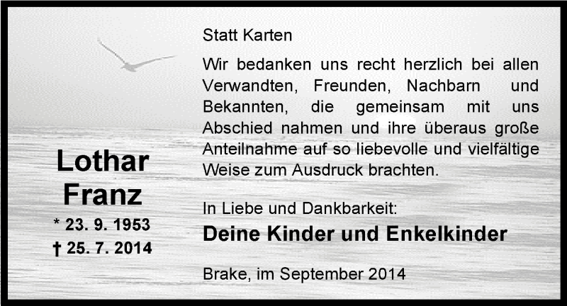  Traueranzeige für Lothar Franz vom 13.09.2014 aus Nordwest-Zeitung