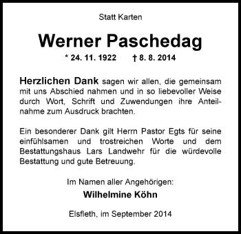 Traueranzeige von Werner Paschedag von Nordwest-Zeitung