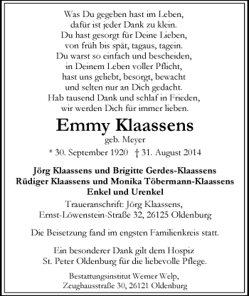 Traueranzeige von Emmy Klaassens von Nordwest-Zeitung