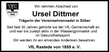 Traueranzeige von Ursel Dittmer von Nordwest-Zeitung