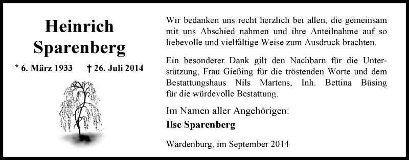  Traueranzeige für Heinrich Sparenberg vom 13.09.2014 aus Nordwest-Zeitung