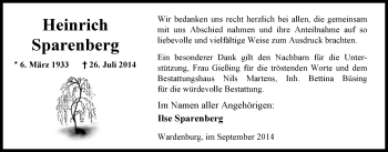 Traueranzeige von Heinrich Sparenberg von Nordwest-Zeitung