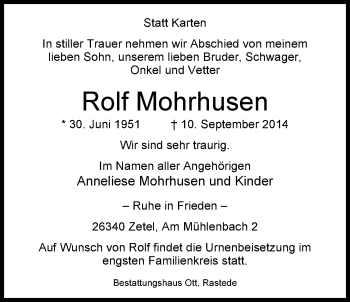 Traueranzeige von Rolf Mohrhusen von Nordwest-Zeitung