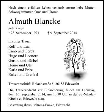 Traueranzeige von Almuth Blancke von Nordwest-Zeitung