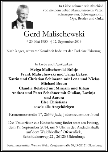 Traueranzeige von Gerd Malischewski von Nordwest-Zeitung