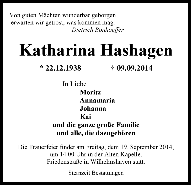  Traueranzeige für Katharina Hashagen vom 16.09.2014 aus Nordwest-Zeitung
