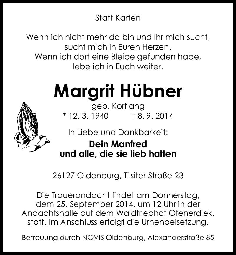  Traueranzeige für Margrit Hübner vom 20.09.2014 aus Nordwest-Zeitung