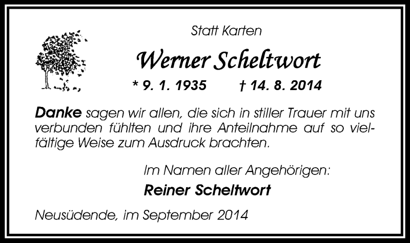  Traueranzeige für Werner Scheltwort vom 20.09.2014 aus Nordwest-Zeitung