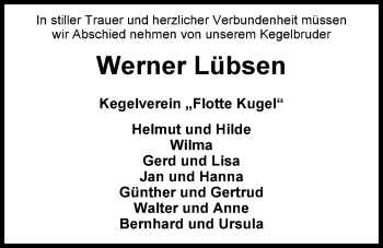 Traueranzeige von Werner Lübsen von Nordwest-Zeitung