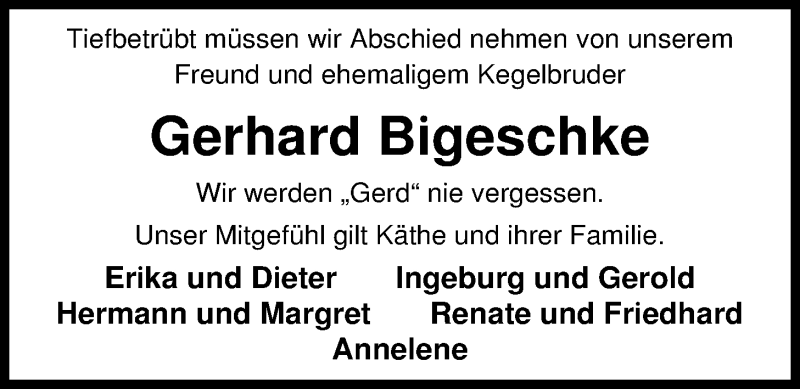  Traueranzeige für Gerhard Bigeschke vom 17.09.2014 aus Nordwest-Zeitung