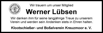 Traueranzeige von Werner Lübsen von Nordwest-Zeitung