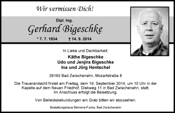 Traueranzeige von Gerhard Bigeschke von Nordwest-Zeitung