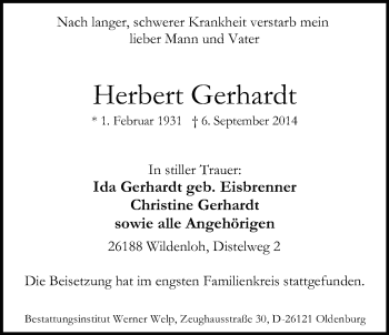 Traueranzeige von Herbert Gerhardt von Nordwest-Zeitung